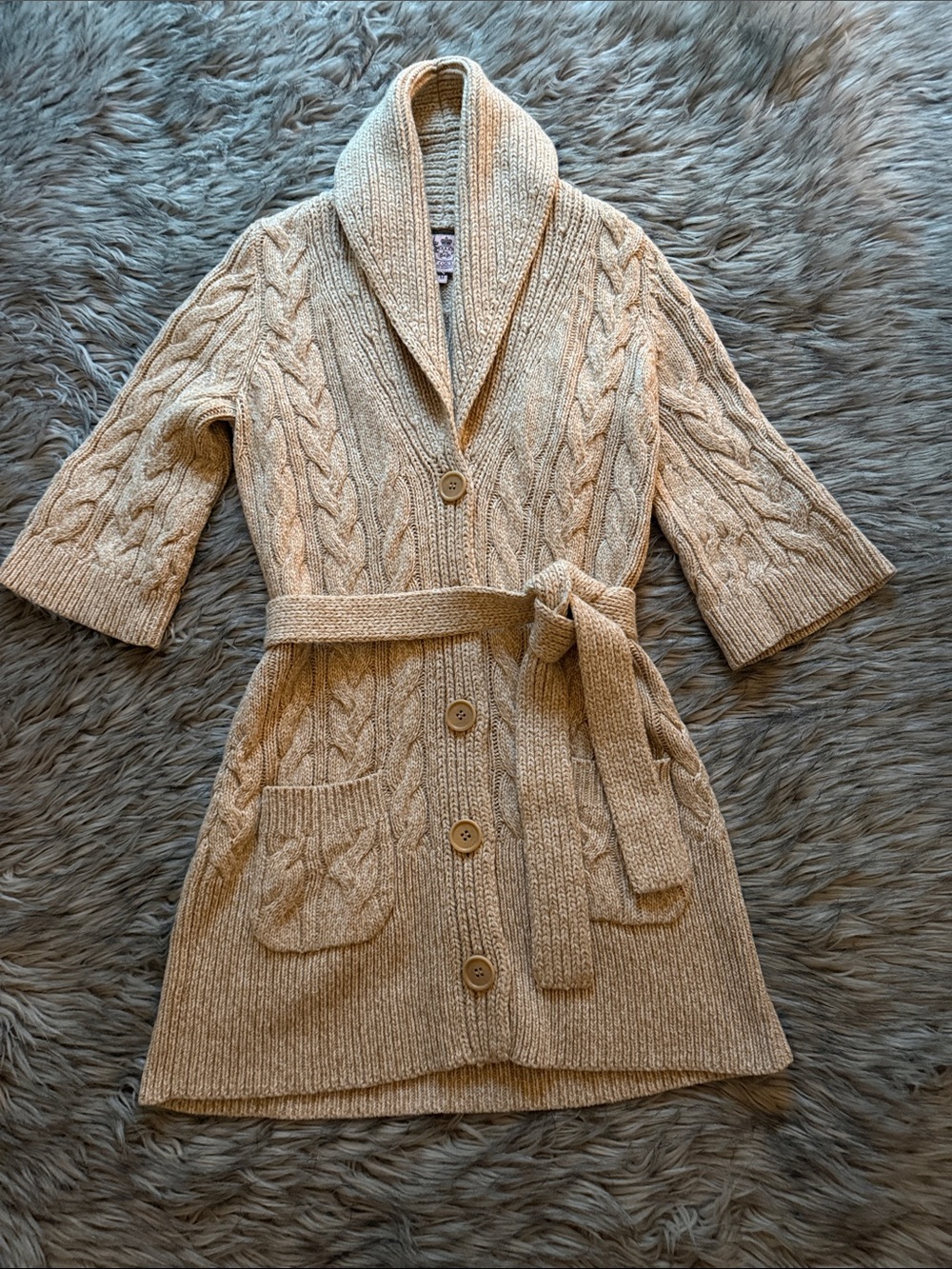 Juicy Couture Camel Cable-Knit Shawl Collar Coatigan with Belt